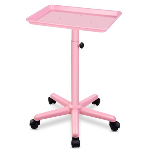 Salon Tray with Wheels,Height Adjustable Hair Color Service Tray for Spa,Tattoo,or Home Use,Pink