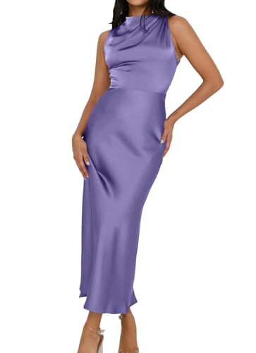 Image of Memoriesea Women's Sexy Sleeveless Cowl Neck Flowy A Line Party Cocktail Midi Dress Purple