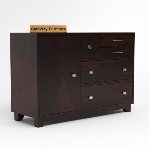 Image of GateWay Furniture Sheesham Wooden Chest of Drawers Wooden Sideboard Storage Cabinet for Living Room - 1 Door & 4 Drawers | Buffet Cabinet Kitchen Storage Chest of Drawer for Bedroom (Nathan Walnut1)