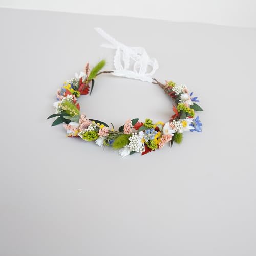 Corona boho para niña con flores secas verdes miniatura 1