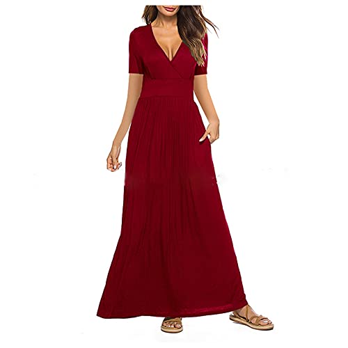 Robe de fête rouge col en V avec poches : confort garanti taille 46