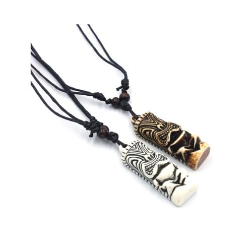 2PCS Hawaiian Protection Amulet Lucky Pendant Necklace Vintage Tiki Fish Hook Turtles Tortoise Shark Wolf Tooth Caved Satue Adjustable Rope Chain Necklaces for Men Women