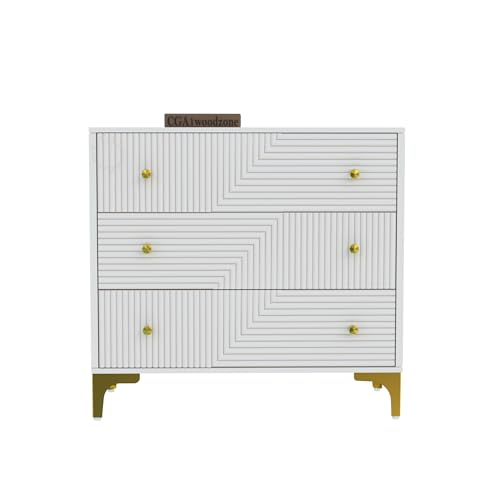 Image of WOODZONE Chest of Drawers for Home, Bedroom & Living Room | Wooden 3 Drawer Storage Cabinet & Clothes Organizer Dresser with Textured Front & Metal Legs | HDMR (Warm White)
