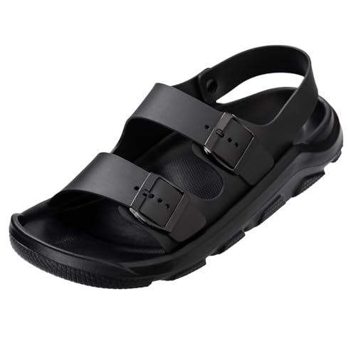 Harssidanzar Summer Mens Sandals Double Buckle Adjustable Slides Flat Beach Sandals KM242US