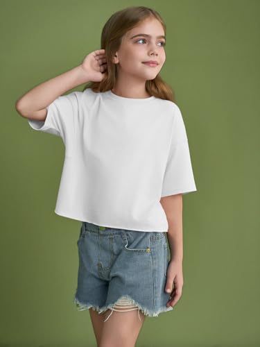Image of Girls Athletic Oversized Crop Tops Kids Drop Shoulder Short Sleeve T Shirts Workout Tees 5-14 Years