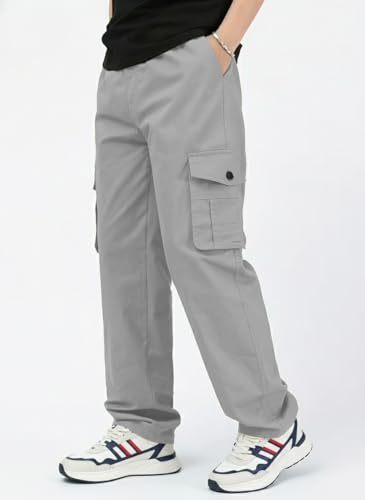 Image of Men's Cotton Cargo Pant | 5 Pocket Style Drawstring Elastic Waist Relaxed Fit Straight Leg, Breathable Durable Work Hiking Casual Trousers in Grey Silver Beige Black Sizes 30 to 42