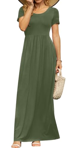 Image of DB MOON Womens 2026 Casual Summer Plus Size Maxi Dresses Short Sleeve Empire Waist Long Dress with Pockets(Olive, 2XL)