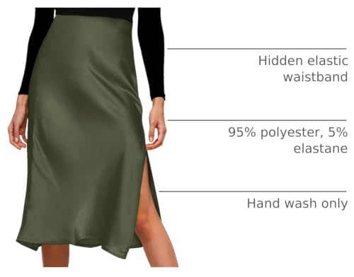 Image of Amy Babe Womens Satin Silk High Waist Slit Midi Skirt Long Skirts for Women | Elastic Waistband, Side Split, Midi Length, Below the Knee, Silky Fabric, Elegant, Fall Winter Outfits