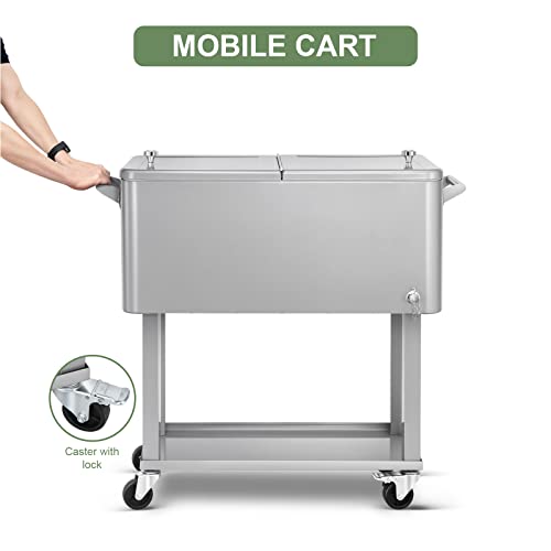 Edostory 80 Quart Rolling Silver Ice Chest Cooler Cart,Patio Backyard Party Drink Beverage Bar Stand Up Cooler Trolley With Ice Scoop #TOP3
