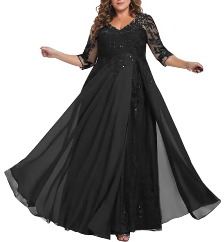 3/4 Sleeve Mother of The Bride Dresses for Wedding A Line V Neck Long Chiffon Lace Sequin Formal Evening Dresses