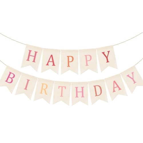 Image of Doumeny Happy Birthday Burlap Banner Boho Birthday Garland Bunting Ombre Pink Bohemian Party Garland Banner Multicolor Happy Birthday Sign Flag Birthdays Hanging Bunting for Home Wall Mantel Fireplace