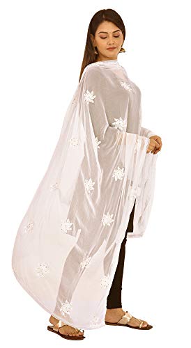 Image of YOUTHQUAKE Flower Embroidered Diamond Work Chiffon Dupatta for Womens & Girls With 4 Side Lace