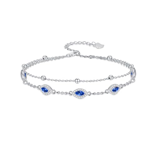 Evil Eye Birthstone Charm Link Bracelet 925 Sterling Silver Evil Eye Bracelet with 12 Months Birthstone Birthday Jewelry Gifts for Women Mom Her,Chain Length 7