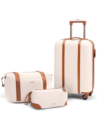 FERGÉ Handgepäck Koffer Set 3 teilig Kabinenkoffer Hartschale 55 x 40 x 22 cm + Reisetasche + Kulturbeutel - Reisekoffer Kabinen-Trolley 4 Rollen, Reisen leicht beige