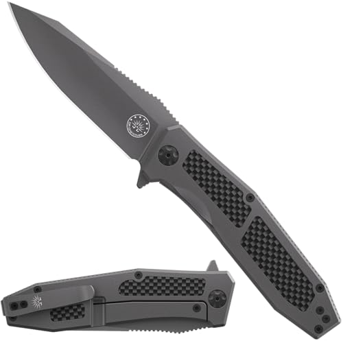 Off-Grid Knives - SCORPION V3, Large EDC Knife with Premium MagnaCut Blade Steel, Titanium Scales, Carbon Fiber Inlays, Manual Ball Bearing Flipper, Four Finger Grip, Deep Pocket Carry (Graywash)