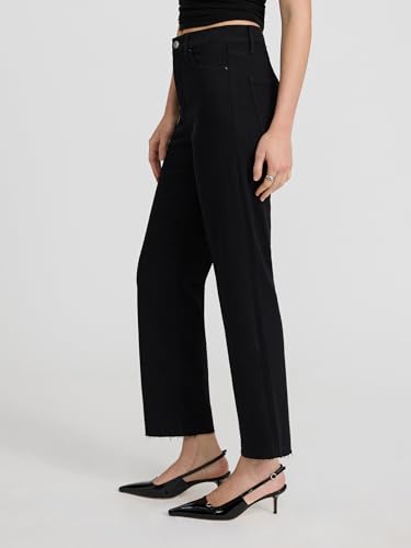 EXPRESS Women’s Straight-Leg Ankle Jeans – High Waisted Stretch Denim, Raw Hem – Black2