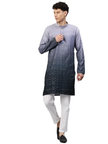 Image of Luxrio Men's Ombre Shaded Sequence Self Embroidered Textured Long Kurta Full Sleeves - Casual Ethnic Wear