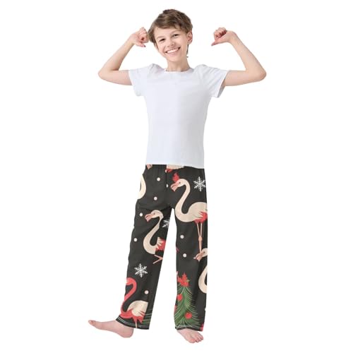Xmas Flamingo Snow Boys Long Pants Soft Trousers Elastic Waist Kids Lounge Bottoms with Pockets S-XL2
