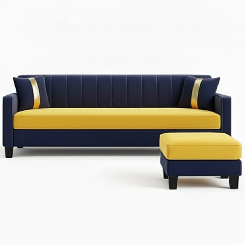 Image of FURNY Avvono 4 Seater L Shape Sofa Set with Movable Ottoman | Flexible Left or Right Layout | Plush Velvet Fabric (Dark Blue-Yellow) | Perfect for Living Room, Guest Room & Office