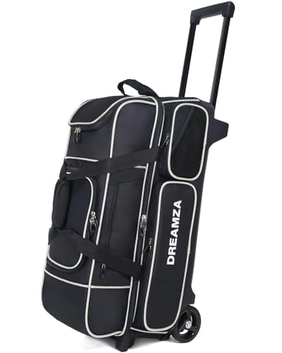 DREAMZA 3 Ball Bowling Bags with Wheels & Shoe Pocket, Premium Bowling Ball Bag 3 Ball Roller, Effortless-Rolling 3 Ball Bowling Bag w/Multi-Storage Pockets & Telescopic Handle Extends to 40'' (Black)