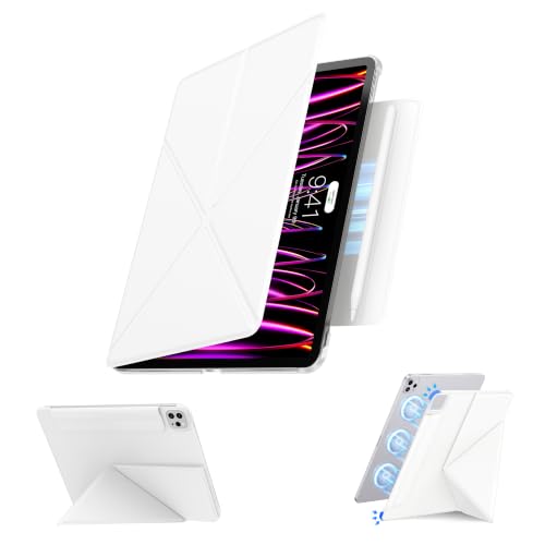 Image of for iPad Pro 11 Inch Case 2022 /2021 /2020, Magnetic Slim Foldable Multi-Angle Folio Case with PU Leather, Auto Wake /Sleep & Hidden Pencil Holder (White, iPad Pro 11 in 2020 /2021 /2022)