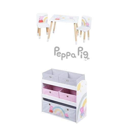 roba Bundle Kindersitzgruppe Peppa Pig - 2 Kinderstühle & 1 Tisch Holz weiß + Spielregal aus Holz Peppa Pig - Spielzeugregal mit 5 Boxen
