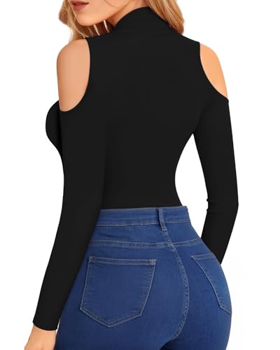 HERLOLLYCHIPS Mock Neck Tops for Women Cold Shoulder Long Sleeve Ribbed Knit Tight Stretchy Sexy Dressy Casual T-Shirts3