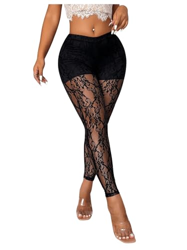 WDIRARA Women's Sexy Lace See Through Low Waist Slim Fit Leggings Sheer Mesh Stretchy Trouser Black Large
