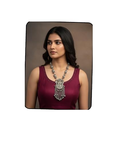 Siddhatva Indian Afghani Designer Oxidized Silver Fashion Handmade Boho Tribal Gypsy Ethnic Enamel Long Necklace Jewelry Women (Silver Antique)