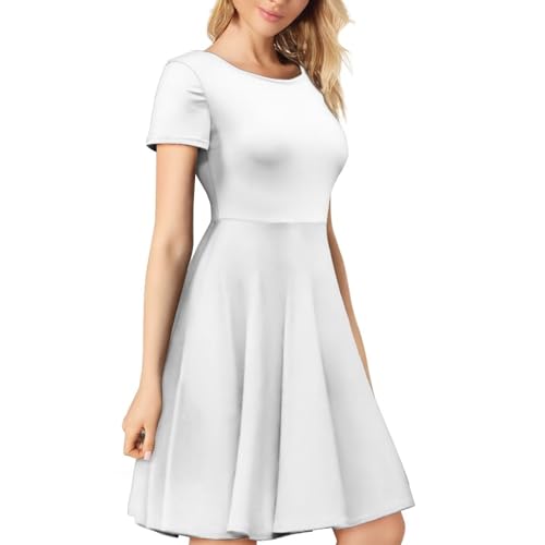 Image of POLERO Women Puffy Swing Elegant Party Midi Dresses Short Sleeve Round Neck A-Line Dress