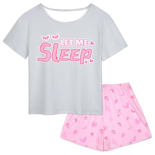 Girls Pajamas for Kids Summer Pjs for Girl Pajama Sets 2Pcs Short Sleeve Top Sleepwear for Teen 8-15, Gray(Shirt & Short Set), 10-11Y