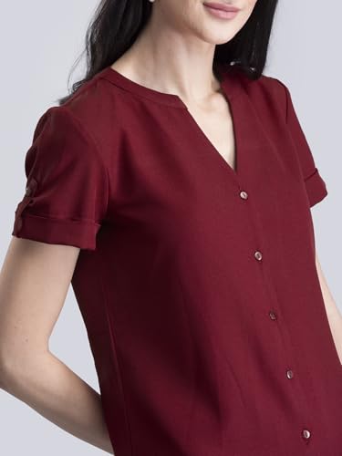 Image of FableStreet Women Formal Top | Asymmetrical Button Placket Band Collar Three-Quarter Sleeves | Pure Cotton Smooth Fabric for Office & Workwear