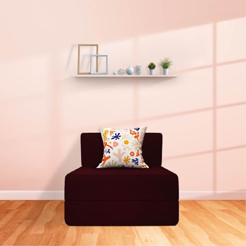 Image of Starlon 1 Seater Foldable Sofa Cum Bed 3-in-1 with 1 Floral Pattern Pillows, Washable Jute Fabric Cover, Space Saving Guest Bed, Pre-Assembled Royal maroon2.5x6 Ft