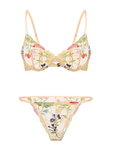 Image of Lilosy Sexy Floral Embroidered Mesh Sheer Underwire Lingerie Set