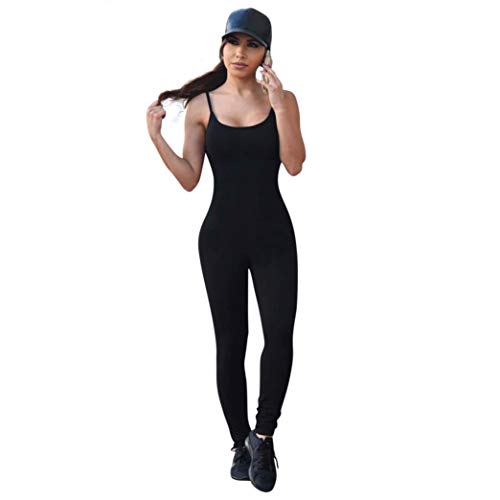 Jumpsuit Damen Lang Sommer Ärmellos U Unifarben Festival Ausschnitt Fashion Playsuit Freizeit Stretch Skinny Yoga Sport Fitness Overall Romper (Color : Schwarz, Size : XS) Cover