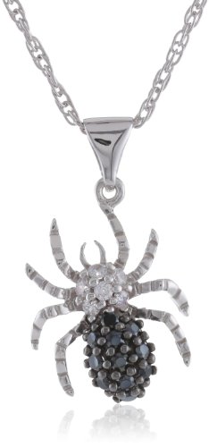 Amazon Collection Sterling Silver Black and White Cubic Zirconia Spider Pendant Necklace, 18"
