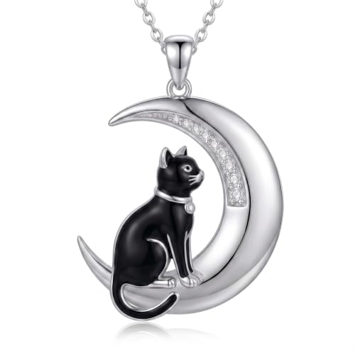 Collier chat noir argent 925 lune diamant laboratoire pendentif femme