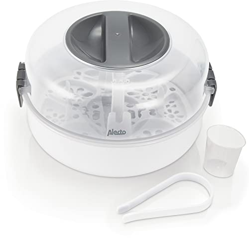 Alecto BW 04   Esterilizador para microondas para hasta 4 biberones de 150 ml, extractores de leche, ollas, vasos y cubiertos, incluye pinzas para botellas, color blanco