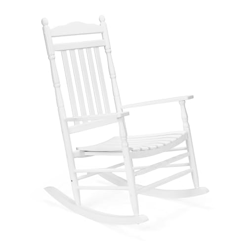 VINGLI Wooden Rocking Chair, Outdoor Chair with 450 lbs Support, Relaxing Rocker with Solid Wood High Back Seat Reclining Seat for Deck, Garden, Backyard, Porch, Indoor or Outdoor Use, White