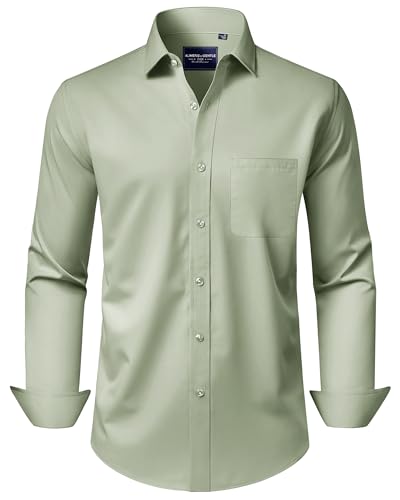 Alimens & Gentle Mens Dress Shirts Sage Green Stretch Wrinkle Free Formal Homecoming Long Sleeve Button Up Shirt with Pocket