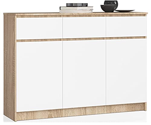 AKORD Kommode K 140 cm | 3 Schubladen und 3 Türen | für das Wohnzimmer Schlafzimmer Schrank Büro Arbeitszimmer | Modernes Funktionales Design Schichtstoffplatte 16mm Farbe Sonoma/Weiß