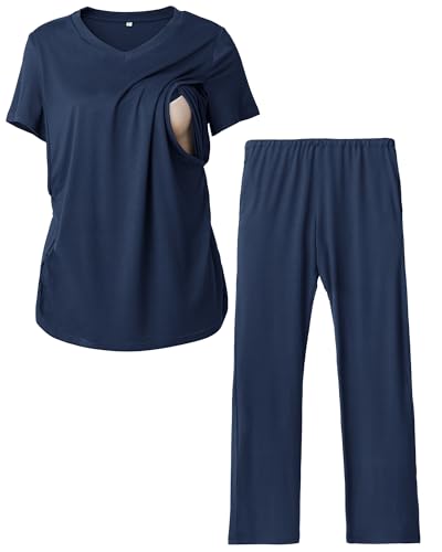 Image of Rnxrbb V Neck Nursing Pajamas Set Postpartum Pjs Maternity Breastfeeding sleepwear for Women with Pockets 2 Pack