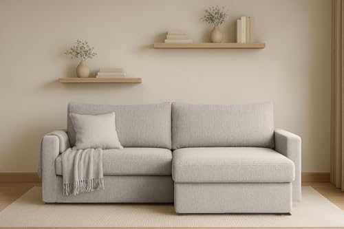 Kaiser Möbel - Ecksofa mit Schlaffunktion und Bettkasten - Eckcouch 224x140x85 cm - Sofa L Form, Wohnlandschaft - Bequemes Sofa mit Ottomane - LUBEKA - Stoff Faro - Hellgrau - Rechts