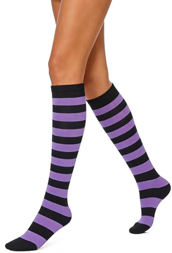Glamorstar Striped Knee High Socks for Women Cute Cosplay Party Calf Socks B9 Purple Black