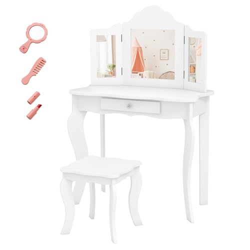 DREAMADE Schminktisch Kinder mit Hocker & Abnehmbarer Spiegel, Prinzessin Frisiertisch mit Schublade, Kinderschminktisch für Kinder Mädchen (Weiß-ohne Beleuchtung)