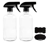 Cornucopia 16oz Clear Glass Spray Bottles w/Chalk Labels (2 Pack); Boston Round Bottles with 3-Setting Adjustable Heavy Duty Sprayers