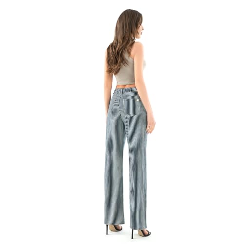Women's High Waist Elastic Waist Wide Leg Pants Striped Straight Jeans Tummy Control Casual Denim Pant with Pocket3