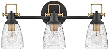 Hinkley Easton Three Light Bath Vanity Fixture, Modern Industrial, Clear Seedy Glass Shade, Mounts Up or Down, Black and Heritage Brass