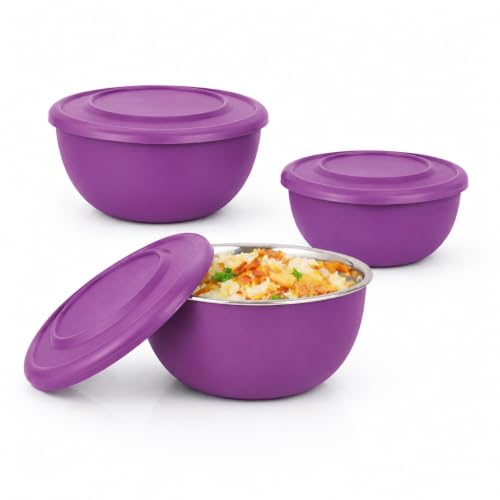 Image of Zaib Stainless Steel Microsafe Mixing Bowl Set with Lid, Purple, Set of 3 | Kitchen Food Storage, Serving & Reheating | Steel Inside Plastic Outside | Stackable (Classic Purple)