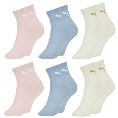 PUMA Kit 6 Pares Meia Malha Fina Academia Esportiva Cano Médio Feminina Adulto, 2 Azul Céu - 2 Off White - 2 Rosa Chá, 34-39